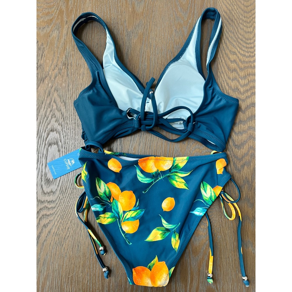 Cupshe Lemon Print Twist Front Bikini Set Teal Blue  Small - Picture 2 of 4